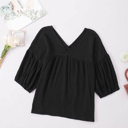 Dropped Shoulder V-Neck Blouse - MimiStylez