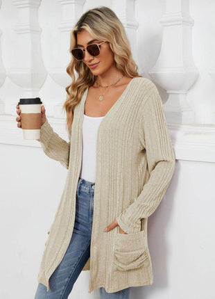 Pocketed Open Front Long Sleeve Cardigan - MimiStylez