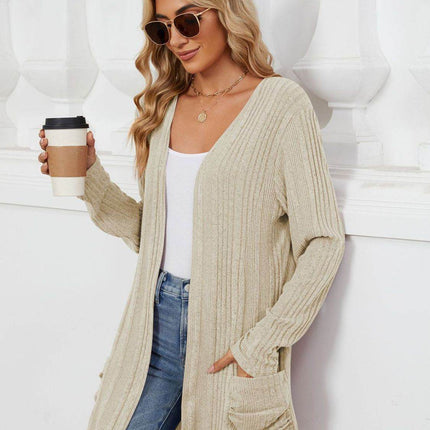 Pocketed Open Front Long Sleeve Cardigan - MimiStylez
