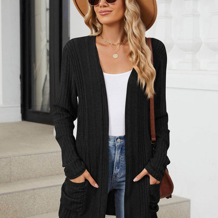 Pocketed Open Front Long Sleeve Cardigan - MimiStylez
