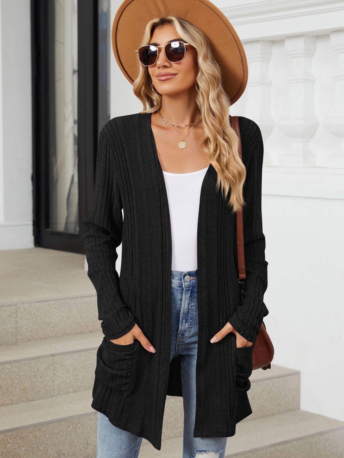 Pocketed Open Front Long Sleeve Cardigan