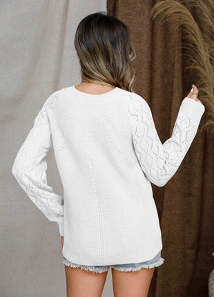 Openwork Round Neck Raglan Sleeve Sweater - MimiStylez