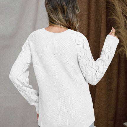 Openwork Round Neck Raglan Sleeve Sweater - MimiStylez