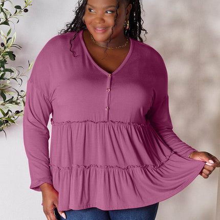 Double Take Half Button Long Sleeve Ruffle Hem Blouse - MimiStylez