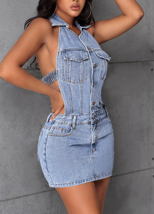 Backless Sleeveless Button Front Denim Mini Dress - MimiStylez