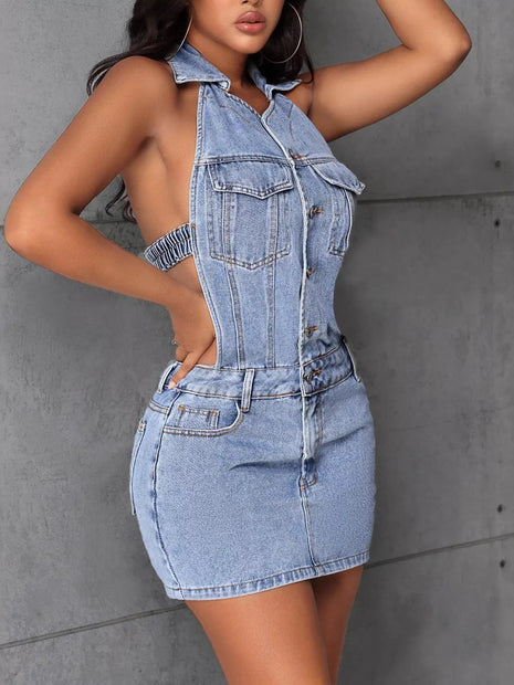 Backless Sleeveless Button Front Denim Mini Dress - MimiStylez