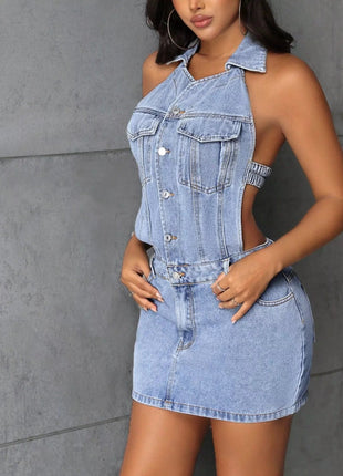 Backless Sleeveless Button Front Denim Mini Dress - MimiStylez