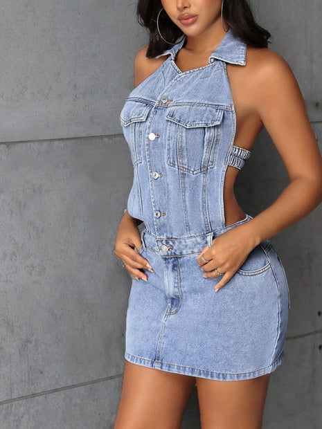 Backless Sleeveless Button Front Denim Mini Dress - MimiStylez