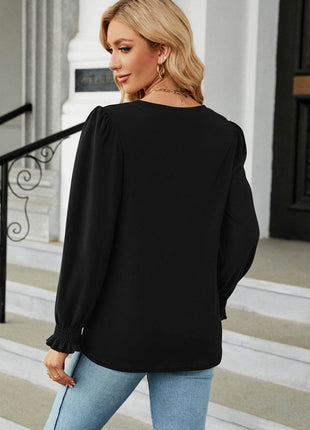 Round Neck Smocked Flounce Sleeve Blouse - MimiStylez