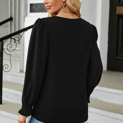 Round Neck Smocked Flounce Sleeve Blouse - MimiStylez