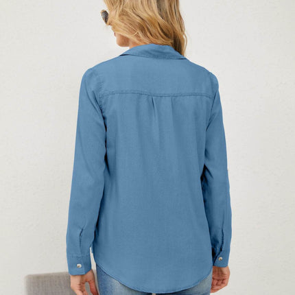 Pocketed Button Up Long Sleeve Denim Shirt - MimiStylez