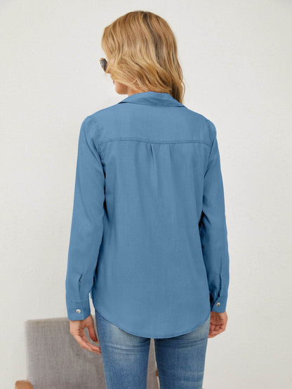 Pocketed Button Up Long Sleeve Denim Shirt - MimiStylez