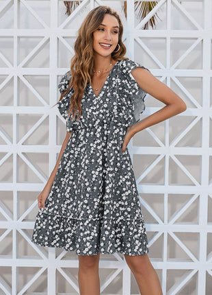Ruffled Ditsy Floral Surplice Mini Dress - MimiStylez