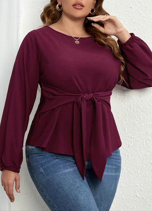 Plus Size Tie Front Long Sleeve Blouse - MimiStylez