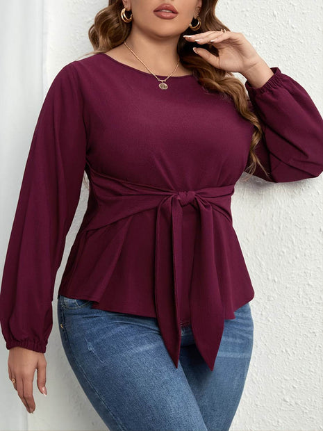 Plus Size Tie Front Long Sleeve Blouse - MimiStylez
