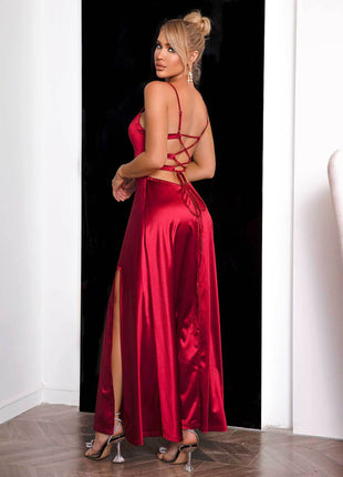 Spaghetti Strap Lace-Up Back Split Dress - MimiStylez