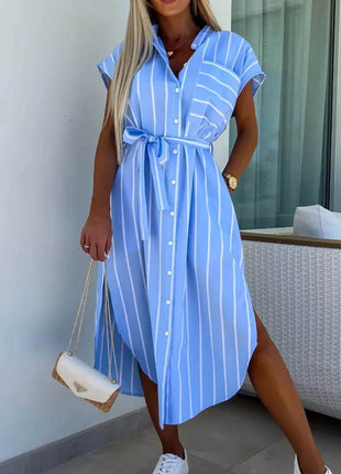 Striped Tie Waist Short Sleeve Dress - MimiStylez