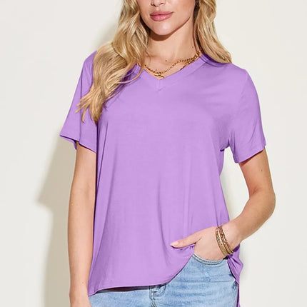 Basic Bae Bamboo Full Size V - Neck High - Low T-Shirt - MimiStylez