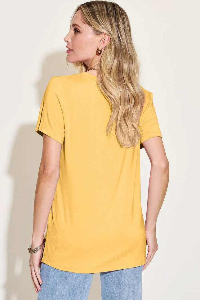 Basic Bae Bamboo Full Size V - Neck High - Low T-Shirt - MimiStylez