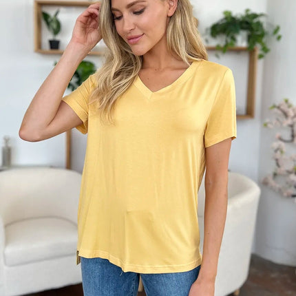 Basic Bae Bamboo Full Size V - Neck High - Low T-Shirt - MimiStylez