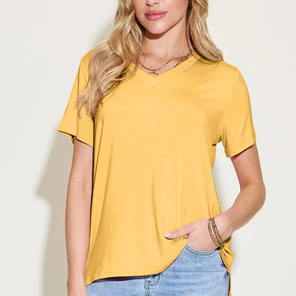Basic Bae Bamboo Full Size V - Neck High - Low T-Shirt - MimiStylez