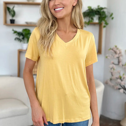 Basic Bae Bamboo Full Size V - Neck High - Low T-Shirt - MimiStylez