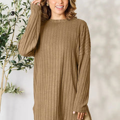 Basic Bae Full Size Ribbed Round Neck Long Sleeve Slit Top - MimiStylez
