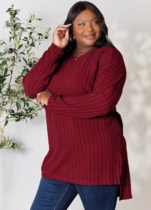 Basic Bae Full Size Ribbed Round Neck Long Sleeve Slit Top - MimiStylez