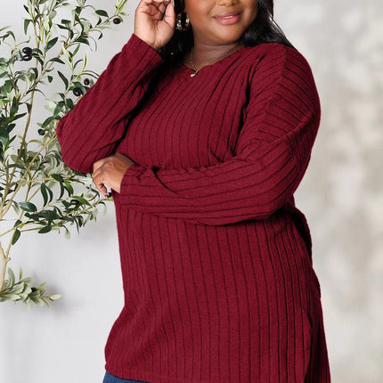 Basic Bae Full Size Ribbed Round Neck Long Sleeve Slit Top - MimiStylez