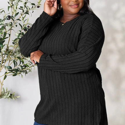 Basic Bae Full Size Ribbed Round Neck Long Sleeve Slit Top - MimiStylez