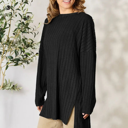 Basic Bae Full Size Ribbed Round Neck Long Sleeve Slit Top - MimiStylez