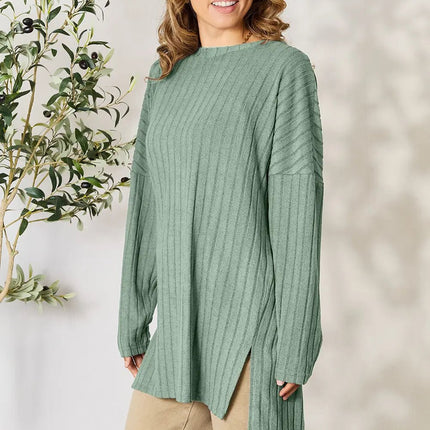 Basic Bae Full Size Ribbed Round Neck Long Sleeve Slit Top - MimiStylez