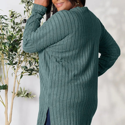 Basic Bae Full Size Ribbed Round Neck Long Sleeve Slit Top - MimiStylez
