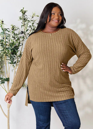 Basic Bae Full Size Ribbed Round Neck Long Sleeve Slit Top - MimiStylez