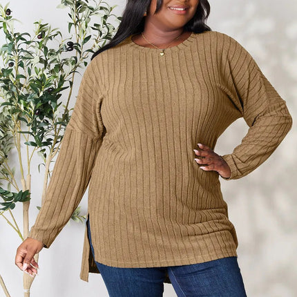 Basic Bae Full Size Ribbed Round Neck Long Sleeve Slit Top - MimiStylez