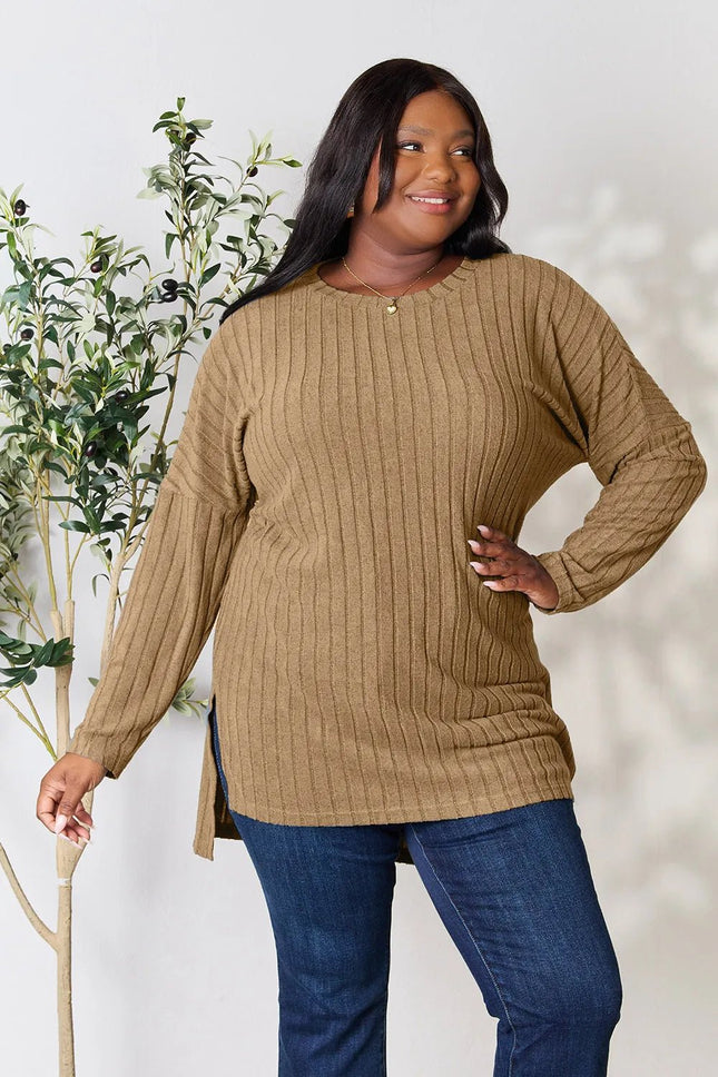 Basic Bae Full Size Ribbed Round Neck Long Sleeve Slit Top - MimiStylez
