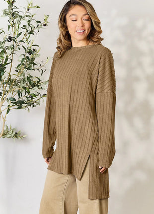 Basic Bae Full Size Ribbed Round Neck Long Sleeve Slit Top - MimiStylez