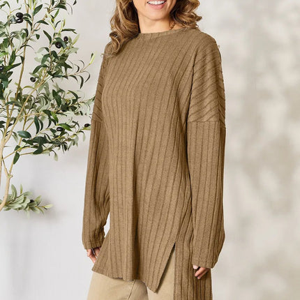 Basic Bae Full Size Ribbed Round Neck Long Sleeve Slit Top - MimiStylez