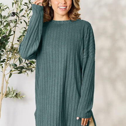 Basic Bae Full Size Ribbed Round Neck Long Sleeve Slit Top - MimiStylez