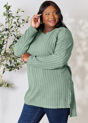 Basic Bae Full Size Ribbed Round Neck Long Sleeve Slit Top - MimiStylez