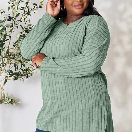 Basic Bae Full Size Ribbed Round Neck Long Sleeve Slit Top - MimiStylez
