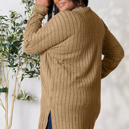 Basic Bae Full Size Ribbed Round Neck Long Sleeve Slit Top - MimiStylez