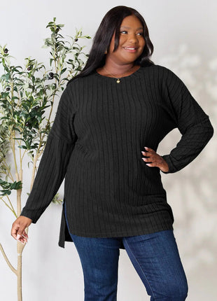 Basic Bae Full Size Ribbed Round Neck Long Sleeve Slit Top - MimiStylez