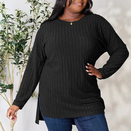 Basic Bae Full Size Ribbed Round Neck Long Sleeve Slit Top - MimiStylez