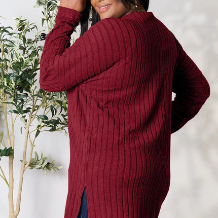 Basic Bae Full Size Ribbed Round Neck Long Sleeve Slit Top - MimiStylez