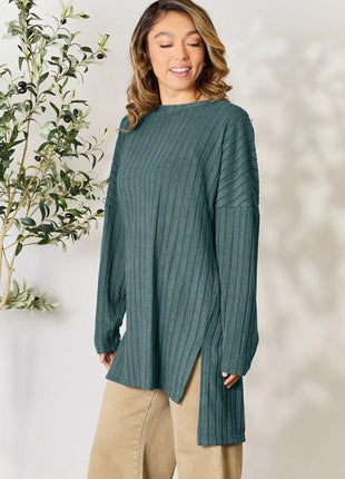 Basic Bae Full Size Ribbed Round Neck Long Sleeve Slit Top - MimiStylez