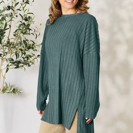 Basic Bae Full Size Ribbed Round Neck Long Sleeve Slit Top - MimiStylez