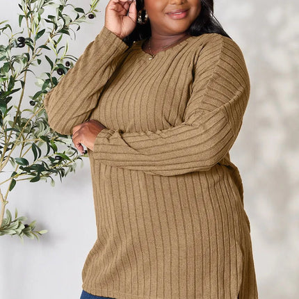 Basic Bae Full Size Ribbed Round Neck Long Sleeve Slit Top - MimiStylez