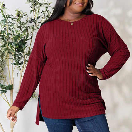 Basic Bae Full Size Ribbed Round Neck Long Sleeve Slit Top - MimiStylez