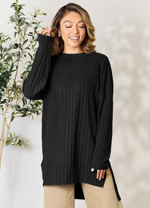 Basic Bae Full Size Ribbed Round Neck Long Sleeve Slit Top - MimiStylez
